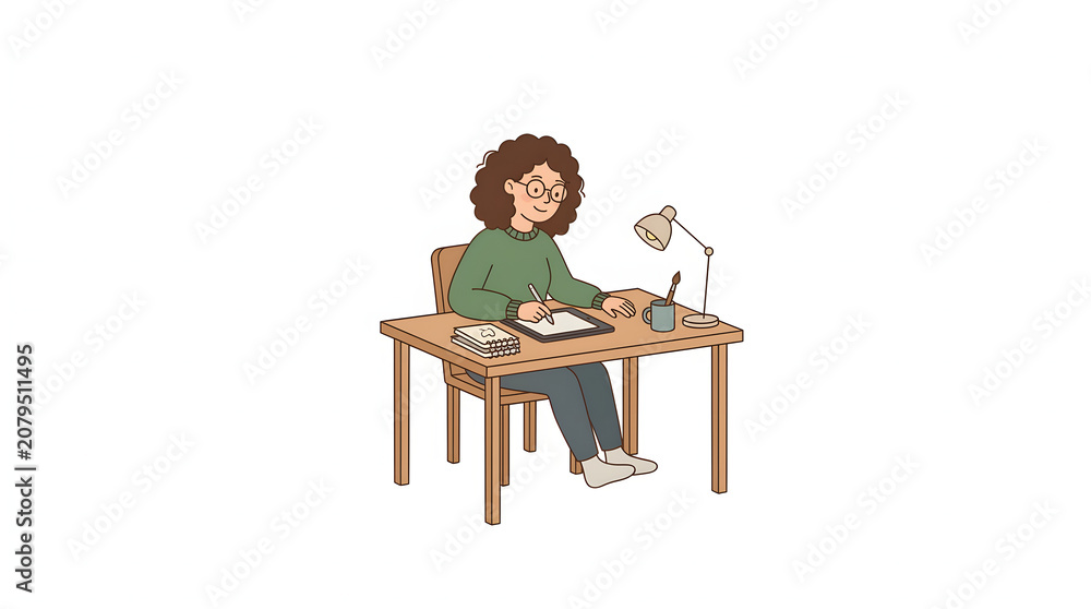 Fototapeta premium Young curly hair female student or freelance graphic designer drawing on a digital tablet at her wooden home desk workstation