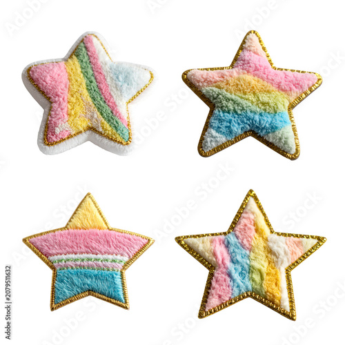 Close-up of four star-shaped fluffy chenille patches, isolated on transparent background. They feature diagonal stripes in pink, yellow, green and blue, with a gold glitter border. PNG file.
