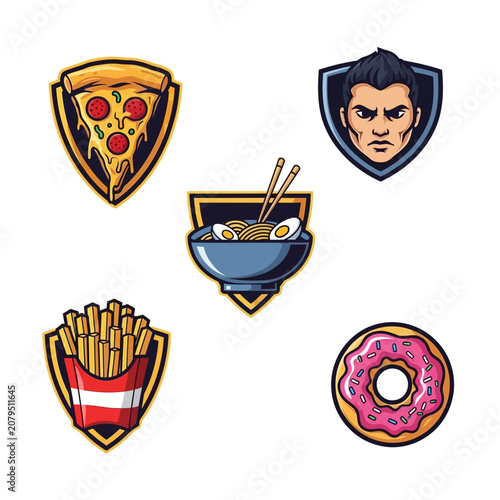 Fast Food Emblems: Pizza, Ramen, Fries, Donut, and Warrior Face Icons