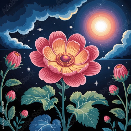 Fantasy Floral Garden Under Moonlight with Blooming Pink Flowers Representing Dreamlike Nature Botanical Beauty Celestial Landscape and Whimsical Digital Illustration