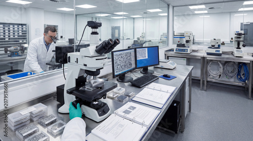 Materials scientist examining metal microstructure with laboratory microscope and digital analysis workstation
