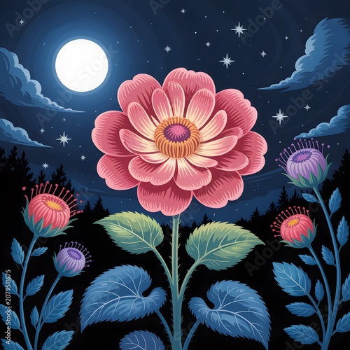 Fantasy Floral Garden Under Moonlight with Blooming Pink Flowers Representing Dreamlike Nature Botanical Beauty Celestial Landscape and Whimsical Digital Illustration