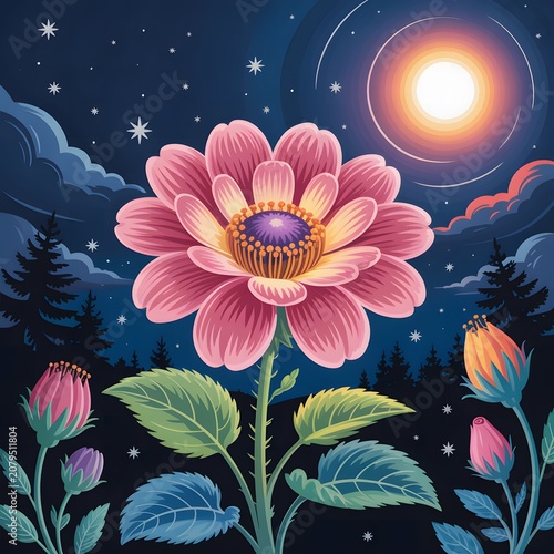 Fantasy Floral Garden Under Moonlight with Blooming Pink Flowers Representing Dreamlike Nature Botanical Beauty Celestial Landscape and Whimsical Digital Illustration