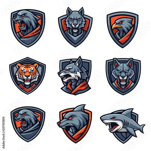 Fierce Animal Emblems: Wolf, Tiger, Eagle, Shark Logos Set