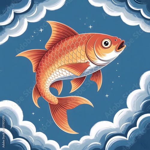 Elegant Golden Koi Fish Surrounded by Decorative Clouds Representing Prosperity Good Fortune Traditional Asian Culture and Ornamental Fantasy Illustration