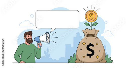Energetic man shouting into a megaphone next to a giant sack of money with a coin plant growing out of it for business news.