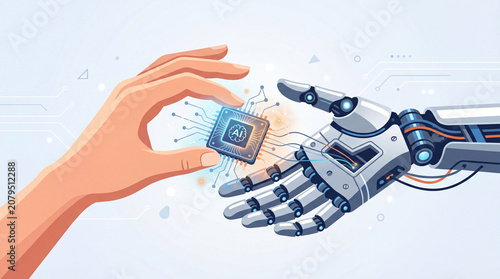 Human hand robot hand artificial intelligence microchip technology connection innovation future digital automation