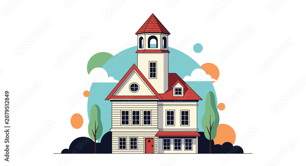 Fototapeta premium Charming illustration of a white two-story Victorian style house with a tower and a red roof set against a colorful abstract backdrop.