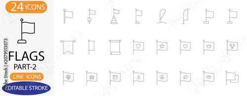 Navigation flags and medieval pennant line icons. Vector beach banner, golf flag, and trophy symbols with editable stroke.