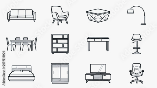 Принти на полотні Clean Minimalist Black and White Line Drawing Icons of Modern Furniture and Home