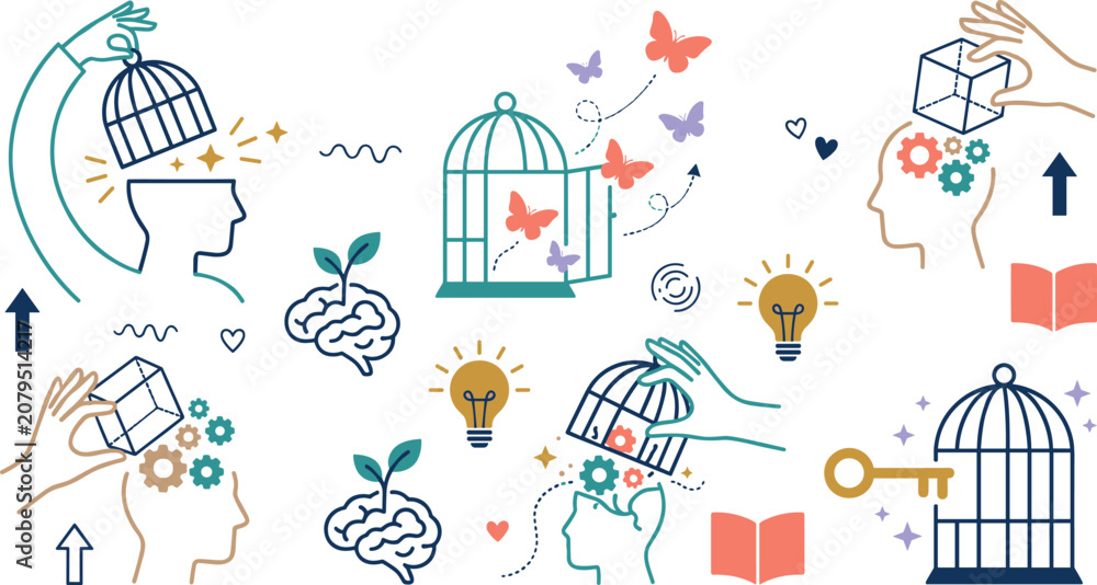 Fototapeta premium Growth Mindset and Mental Freedom Vector Set with Open Cages Butterflies Brains and Creative Ideas
