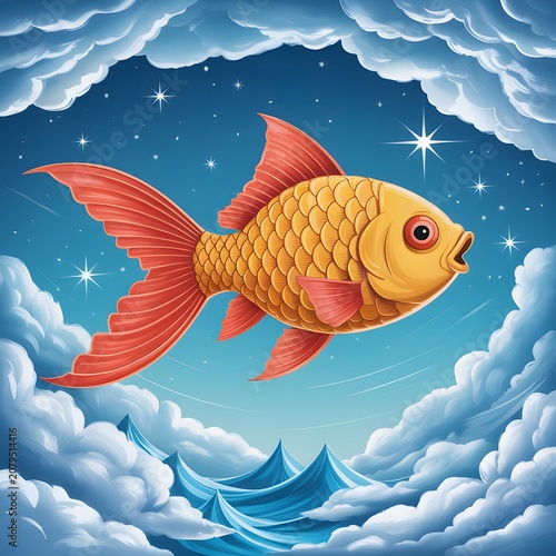 Golden Koi Fish Surrounded by Celestial Clouds Representing Prosperity Good Fortune Traditional Asian Symbolism Fantasy Art and Elegant Decorative Illustration