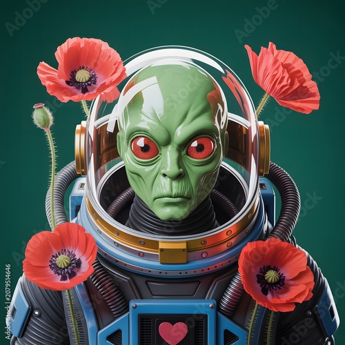 Surreal Green Alien Astronaut Surrounded by Red Poppies Representing Science Fiction Botanical Fantasy Cosmic Exploration and Creative Digital Art Concept