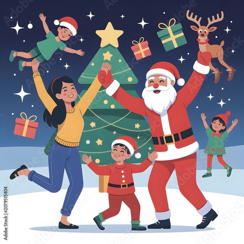 Happy Christmas Celebration with Santa Reindeer Family and Decorated Tree Representing Holiday Joy Winter Festivities Seasonal Traditions and Festive Togetherness
