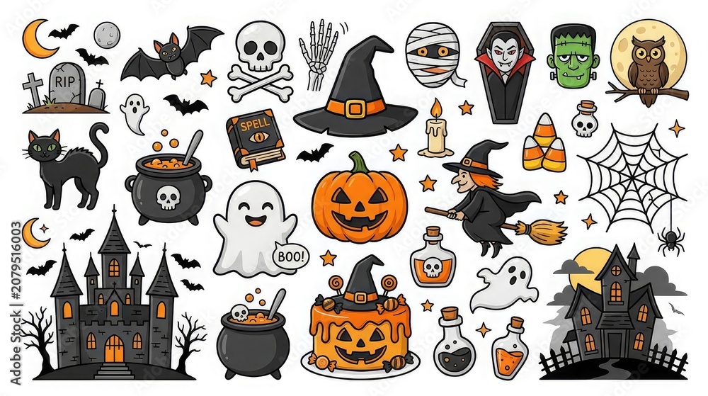 Fototapeta premium Halloween themed cartoon stickers and icons set