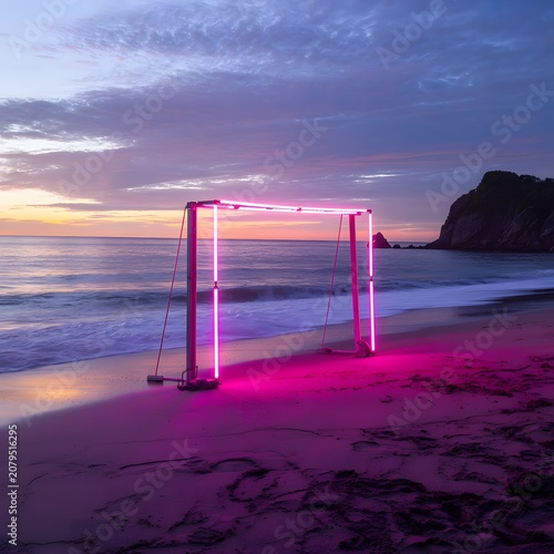 Neon Glowing Doorway on Tropical Beach at Sunset Representing Modern Light Installation Coastal Escape Luxury Travel and Contemporary Artistic Landscape