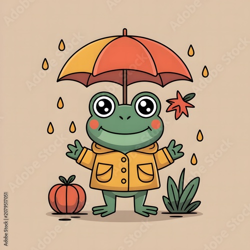 Cute Frog Holding Umbrella in Rain Representing Autumn Weather Children Illustration Happiness and Playful Cartoon Character Design