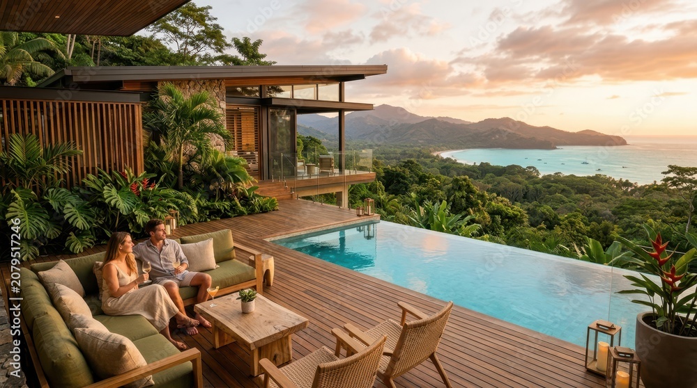 Fototapeta premium Couple enjoys sunset drinks by infinity pool overlooking tropical coastline