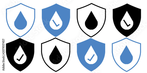 Fotografie Water Protection Icon Set Drop Shield Checkmark Flat Vector Outline and Silhouet