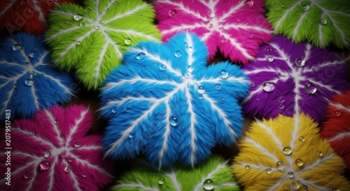 Colorful leaves with water droplets on them arranged in a circle pattern  vibrant multicolored foliage with dew