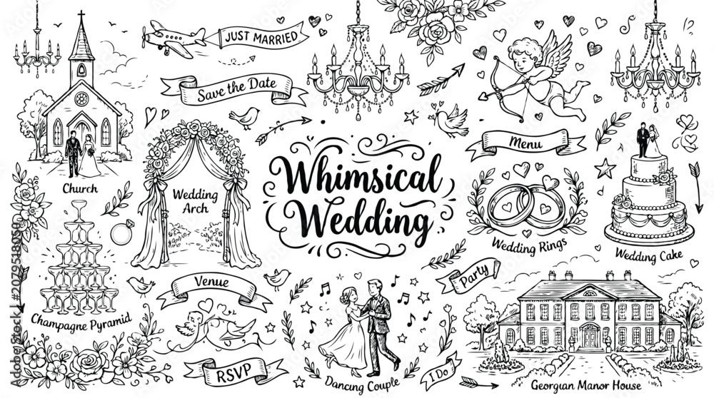 Fototapeta premium line art Whimsical Wedding - handdrawn illustration set for a magical wedding design.eps