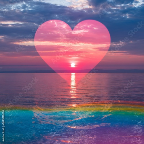 Romantic Heart Shaped Sunset Reflection Over Ocean Representing Love Romance Valentine Celebration Peaceful Seascape and Dreamy Nature Landscape Concept