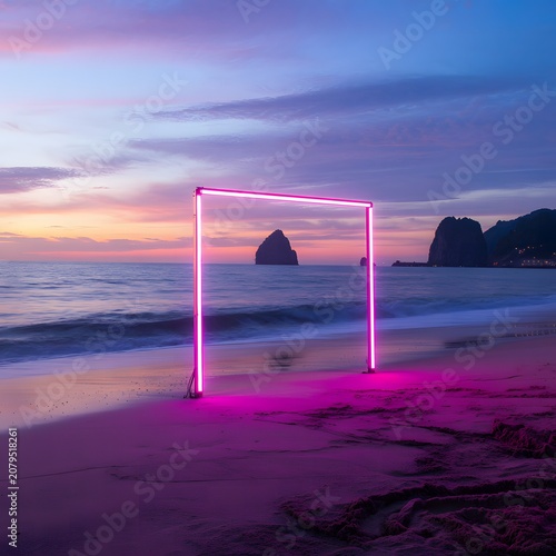 Neon Triangle Light Installation on Beach at Sunset Representing Modern Art Coastal Landscape Creative Illumination and Contemporary Outdoor Design