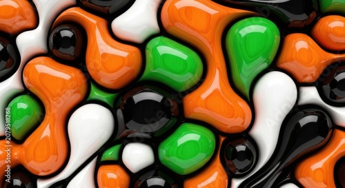 Colorful shiny blobs of orange green white and black paint  abstract art  creative design element  vibrant colors