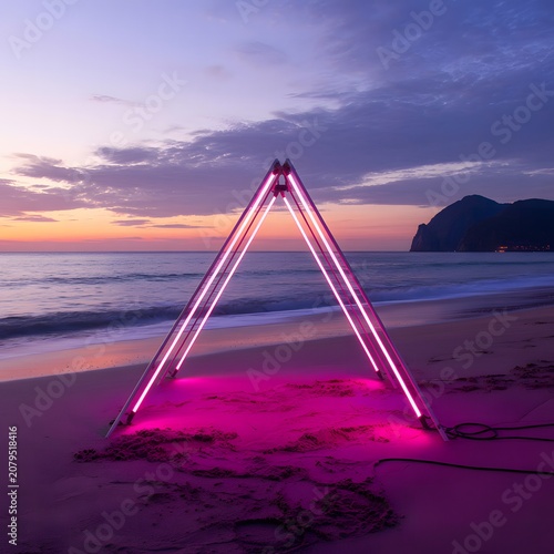 Neon Triangle Light Installation on Beach at Sunset Representing Modern Art Coastal Landscape Creative Illumination and Contemporary Outdoor Design