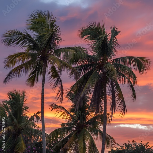 Tropical Palm Trees Against Vibrant Sunset Sky Representing Exotic Summer Vacation Coastal Paradise Nature Travel and Peaceful Evening Landscape