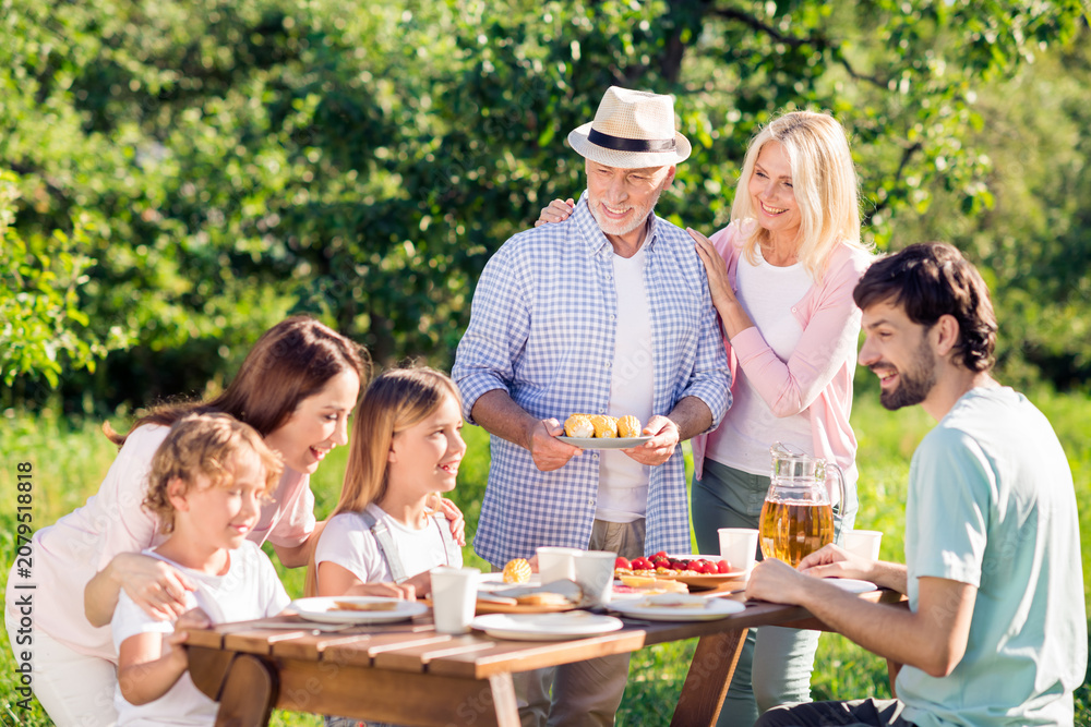 Fototapeta premium Multi-generation family enjoying an outdoor picnic together in a sunny garden with grandparents serving pastries and everyone smiling and sharing food