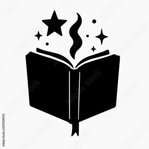 Open book with stars and magic symbols in black silhouette  