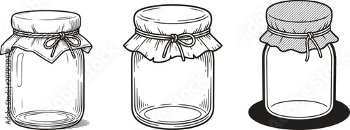 Foto empty glass jars with lids and fabric covers in black and white line art vector  illustration