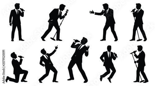 Black silhouettes of a male singer wearing a formal suit while performing with a microphone