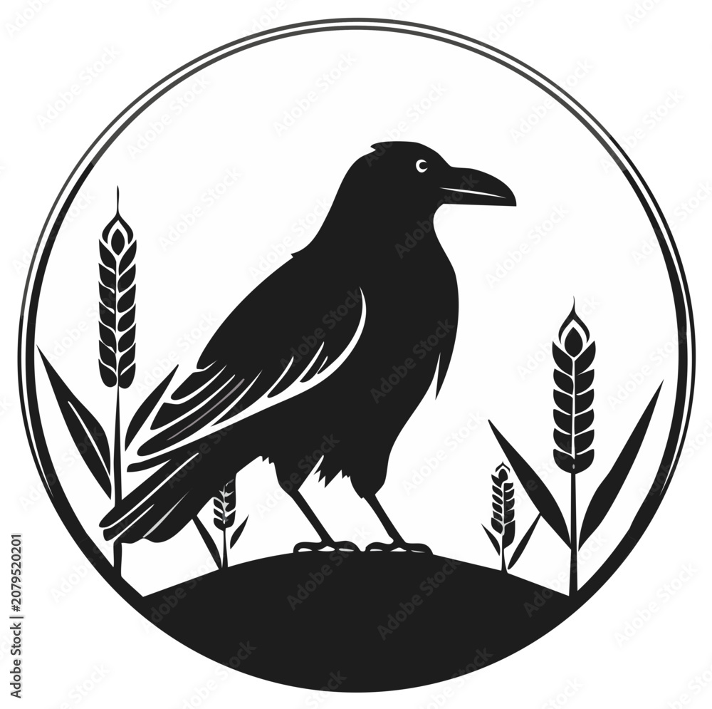 Fototapeta premium Black crow standing in wheat field within a circular frame an elegant monochrome illustration