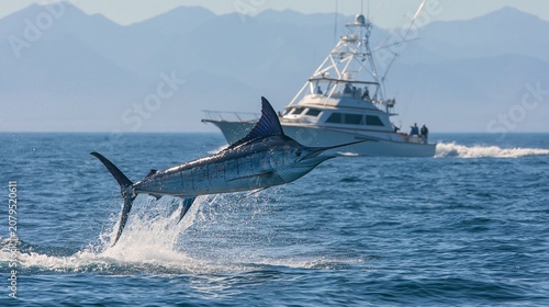Blue Marlin Jumping Near Fishing Boat in Open Ocean with Mountains Background
