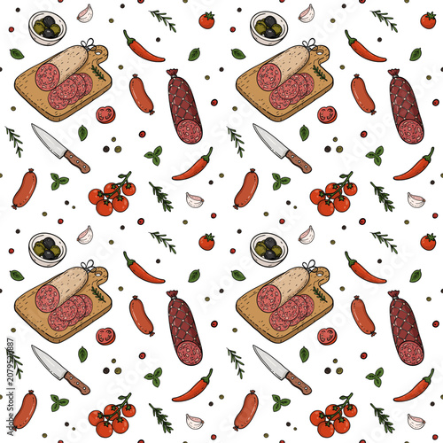 Foto food, pattern, illustration, salami slices, pepperoni, sliced salami, herbs, sea