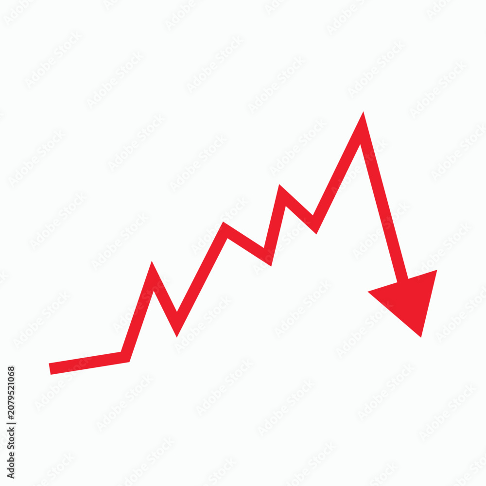 Obraz premium Red zigzag graph with arrow pointing down showing financial crisis concept, stock market recession, business decline, economic collapse, vector illustration isolated on white background for design.