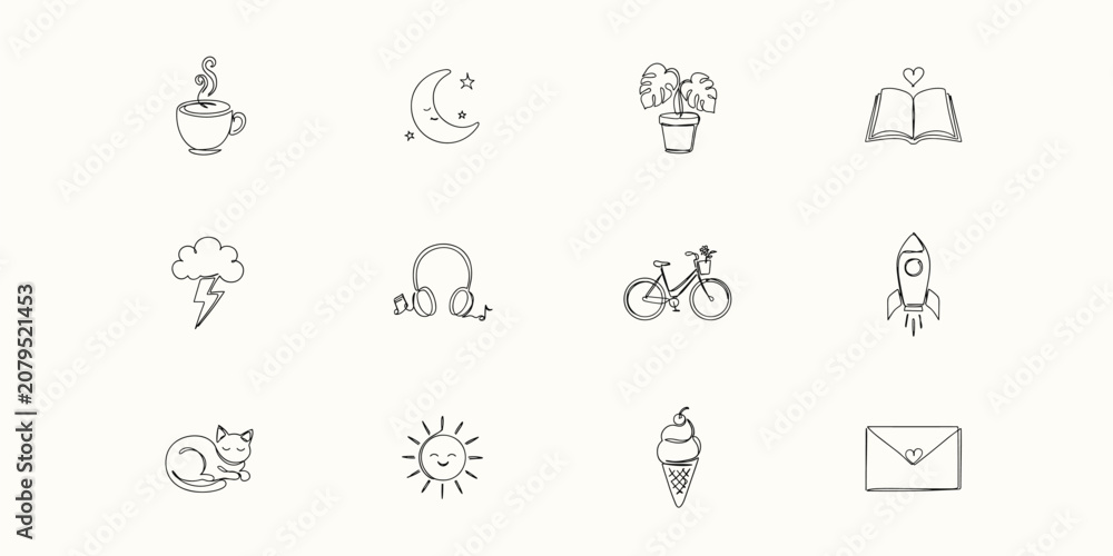 Fototapeta premium A collection of twelve hand-drawn doodle featuring a coffee cup, crescent moon, potted plant, open book, lightning, and bicycle