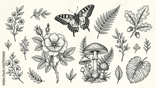 Hand-Drawn Garden Elements in Black and White
Floral, Butterfly, and Mushroom Vintage Clipart