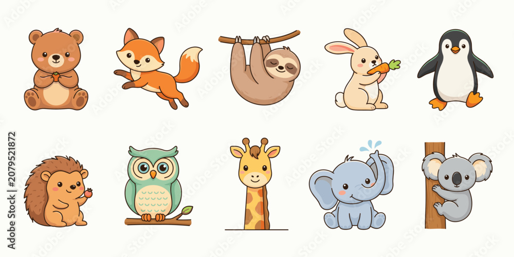 Fototapeta premium Cute animal doodle set featuring a bear, fox, sloth, rabbit, penguin, hedgehog, owl, giraffe, elephant, and koala on a tree