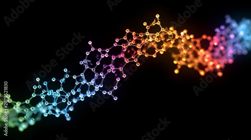 Colorful molecular structure with glowing atoms on dark background