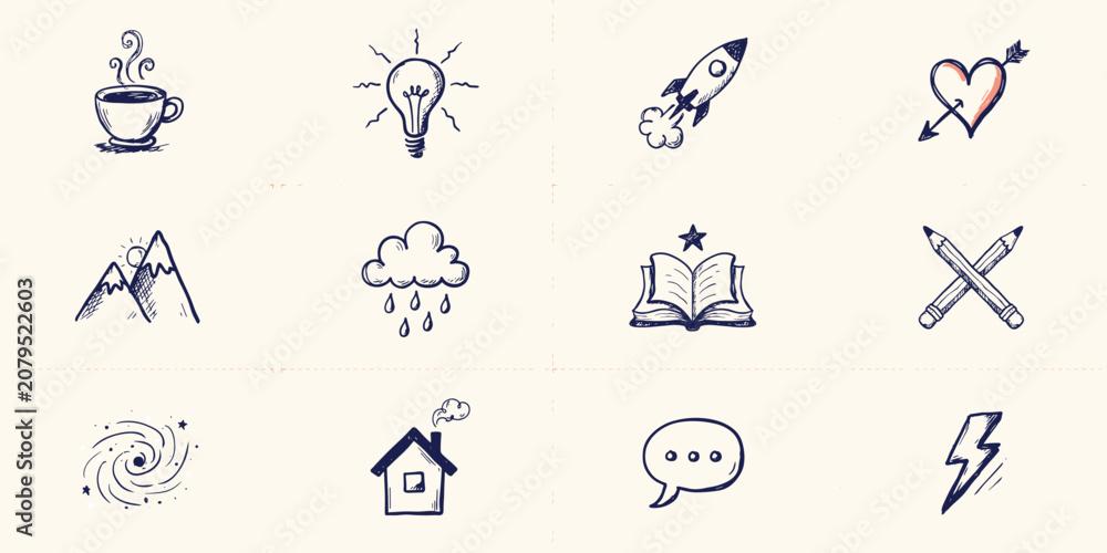 Fototapeta premium Set of twelve hand-drawn doodle featuring coffee, lightbulb, rocket, heart, mountains, rain cloud, open book, pencils, and galaxy