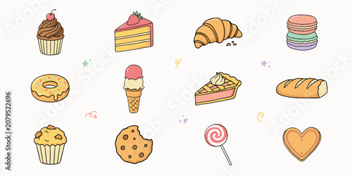 Bild auf Leinwand Sweet treats and dessert doodle set featuring cupcake, cake slice, croissant, ma