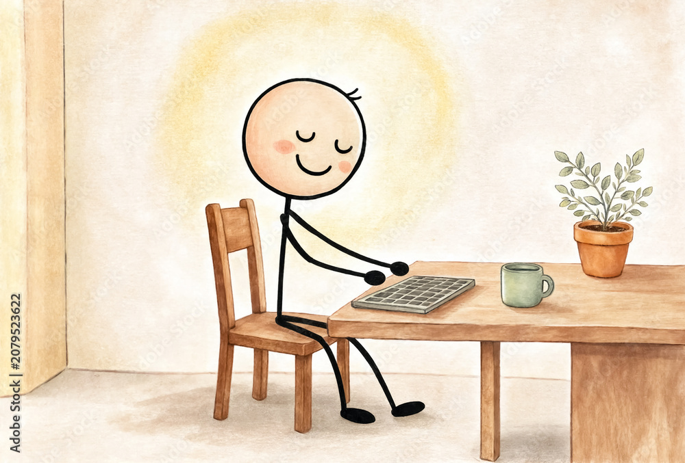 Fototapeta premium Stick figure sitting on a chair typing on a keyboard at a wooden table. Watercolor illustration.