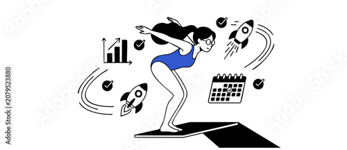 Foto Business startup launch vector illustration of a businesswoman diving from springboard with rocket, calendar, and growth graph icons, representing project kickoff, strategy, plan, and goal success