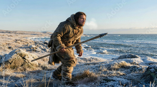 Prehistoric hunter in animal hides holding a spear on a cold frozen rocky coastline, depicting ice age survival.
