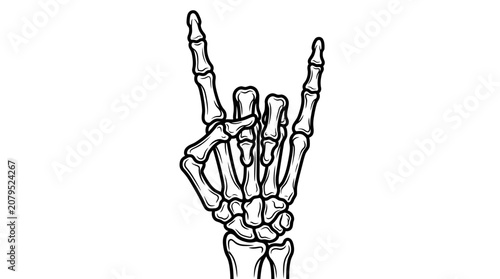 Hand drawn skeletal anatomy illustration of a human hand performing the rock and roll devil horn gesture in monochrome line art style