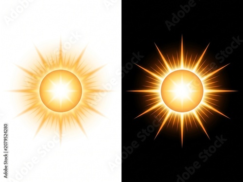 Radiant golden sun icon featuring sharp glowing light rays against contrasting white and black backgrounds