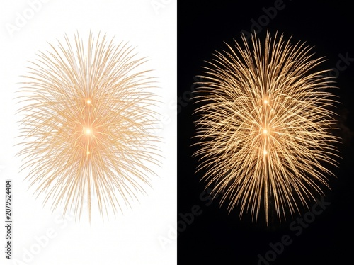 Golden firework burst display showing bright glowing sparks against both white and black isolated backgrounds